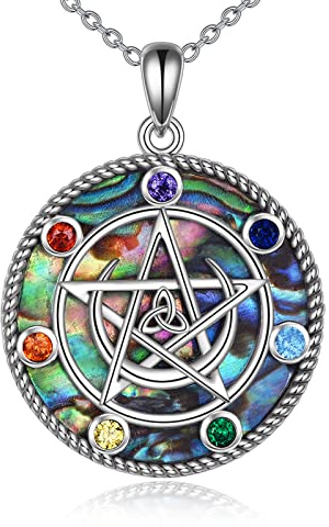 YAFEINI Pentagram Pentacle Necklace 925 Sterling Silver 7 Chakra Pendant Wiccan Star Crescent Moon Necklaces Jewellery Gifts for Women