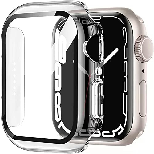 HANKN 2 Stück Hart Hülle für Apple Watch Series 9 8 7 45mm Transparent | Temperierte Glas Schutzhülle, Bildschirmschutz Gehäuse iWatch Eingebaut Displayschutzfolie, 45 mm Transparent