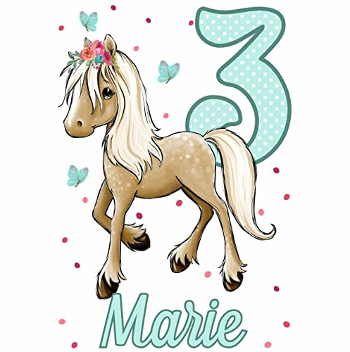 MissRompy Geburtstag DTF Bügelbild Pony (651) für dunkle und helle Stoffe mit/ohne Zahl groß Aufbügler Jahreszahl Bügelbilder Applikation Aufbügelbild