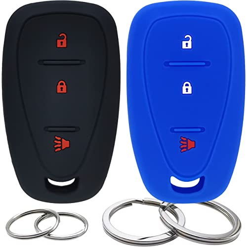 2Pcs Silicone 3 Buttons Key Fob Cover Remote Case Keyless Protector Compatible with Chevrolet Chevy Malibu Blazer Camaro Cruze Equinox Malibu Limited Sonic Spark Traverse Trax Volt (Black & Blue)