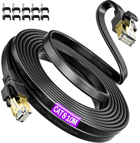 Soibke LAN Kabel 10 Meter Cat 8 Netzwerkkabel 10m Geschirmt Flach Gigabit | Ethernet kabel 40Gbps Hochgeschwindigkeit 2000MHz RJ45 Schirmung Wlan Kabel 10m Internet Patchkabel Schwarz für Router Modem