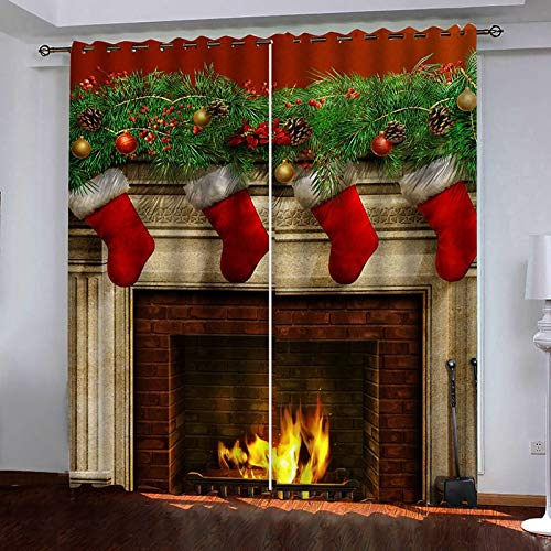 Bishilin Gardinen Vorhang mit Ösen Motiv Blickdicht 274x183CM, Wohnzimmer Vorhänge LangKamin und Weihnachtssocken