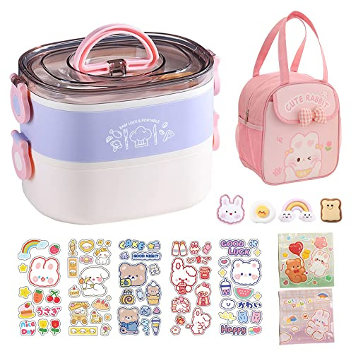 Paidideng Kawaii Bento Box Bento Lunch Box with Lunch Bag,Tableware,Biscuit bags,2 Layers Stacked Leakproof Cute Lunch Box,for Travel,Office,Gym. (purple)