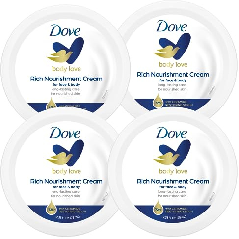Dove Nourishing Body Care, Face, Hand, and Body Rich Nourishment Cream for Extra Dry Skin with 48-Hour Moisturization, 4-Pack, 2.53 Oz Each Jar