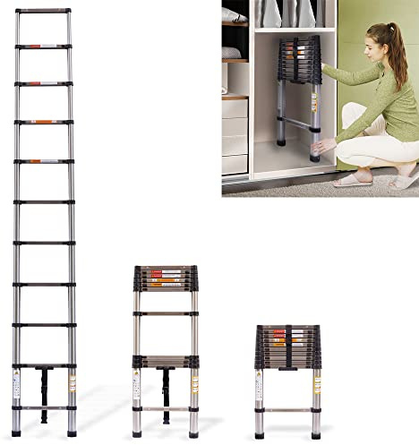 Échelle Pliante 3.2m Échelle Polyvalente Hauteur réglable avec Pieds antidérapants Échelle télescopique en Acier Inoxydable Capacité 330LB/150kg pour Le Bureau Cuisine Entrepôt Nettoyage