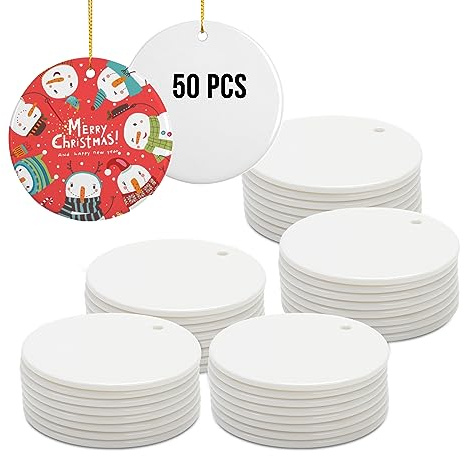 PYD Life 50 PCS Sublimation Blanks Ornaments Ceramic 2.75 Round Bulk | Double-sided Printable White Christmas Ornaments with Gold String for Home Tree DIY Decor Bulk, for Heat Transfer Printing