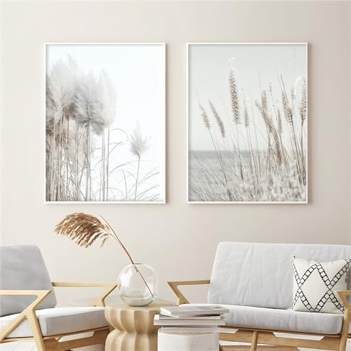 Herfair Bilder Wohnzimmer 2er Set Pampasgras Wandbilder, Ohne Rahmen | Poster Schlafzimmer, Boho Kunstdruck Leinwandbild, Wanddeko Bilder (50 x 70 cm)