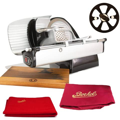Berkel Trancheuse Home Line 200 Plus, noire, avec couvercle assorti de la marque Berkel - Trancheuse de cuisine avec ramasse-couteaux et planche en bois fabriquée à la main - Pièce unique