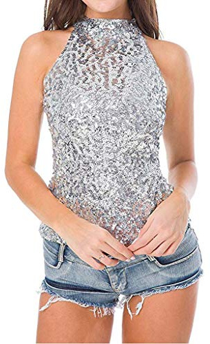 Damen Neckholder Pailletten Tanktop Shirt Hinten Offen Glitzer Tops Sexy Ärmellos Pailletten Oberteil Festlich Bluse Shirt Slim Fit Sparkle Glitzershirt Top für Party Einheitsgröße