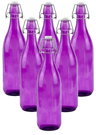 simpa 1 Litre Traditional Vintage Style Glass Bottles with Swing Top Lids - Set of 6 Purple Bottles.