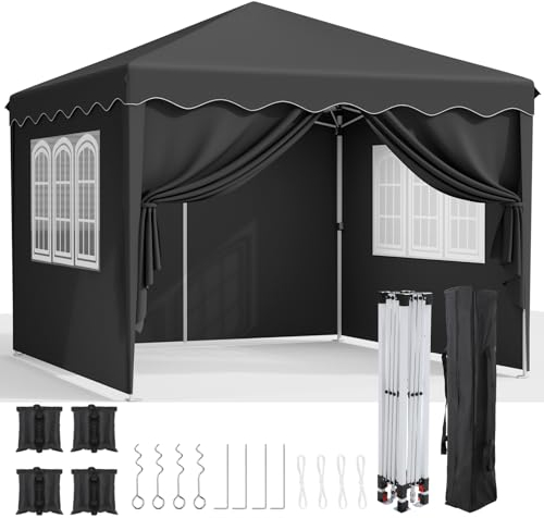 Pavillon 3x3, Faltpavillon Stabil Winterfest mit Oxford, UV Schutz 50+, Faltpavillon mit Seitenteilen, 4 PCS Sandsack, Gartenpavillon Höhenverstellbar, Faltbare Pavillon Zelt für Camping (Schwarz)