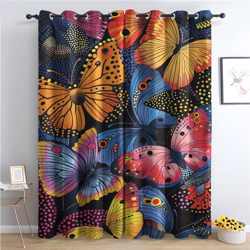 Vorhänge Schmetterling - Mädchen Bunte Motte Fenster Gardinen mit Ösen, Vorhang Blickdicht Verdunklungsvorhänge Thermovorhang für Wohnzimmer Schlafzimmer Deko 2er Set, H 200 x B 140 cm G&-205