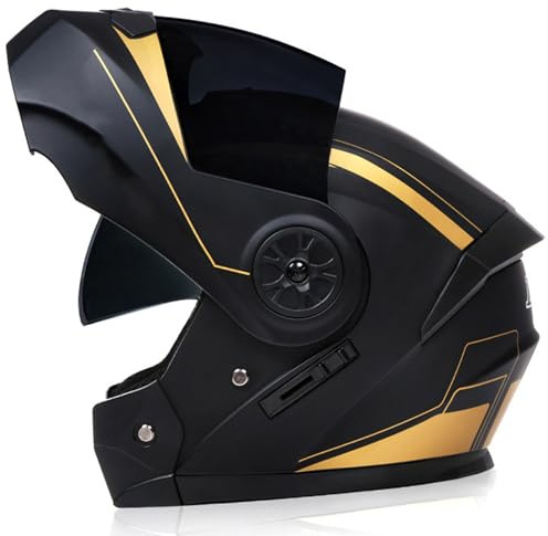 RUYICZB Modularer Integralhelm Für Motorradfahrer Mit Doppelvisier Und Mehreren Belüftungsöffnungen, DOT/ECE-Zugelassener Klapphelm Für Männer Und Frauen, Motorrad-Mopedhelm,Black Gold,XL 61~62 cm