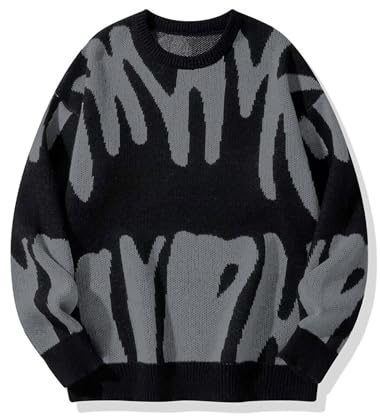 ZAFUL Men's Oversized Sweater Long Sleeve Crewneck Y2K Graphic Color Block Casual Knitted Pullover Sweater (1-Black, L)