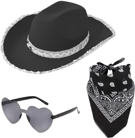 Cowgirl Set - Cowboy Hut Damen Mit Herzbrille und Schal, Pink Glitzer, Karneval Kostüm Zubehör