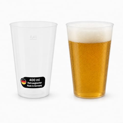 DeinPack 200 Mehrwegbecher 400ml Made in Germany mit Eichstrich transparent | 200 Stück, Made in Germany, Mit Eichstrich, Wiederverwendbar, Aus PP