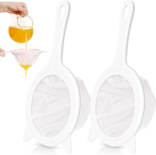 REJOECE 2 Pack Fine Mesh Strainer Plastic Nylon, 300/450 Mesh Ultra Fine Strainer Filters, Food-Strainer with Comfortable Handles, for Filter Juice Coffee Soy Milk, White
