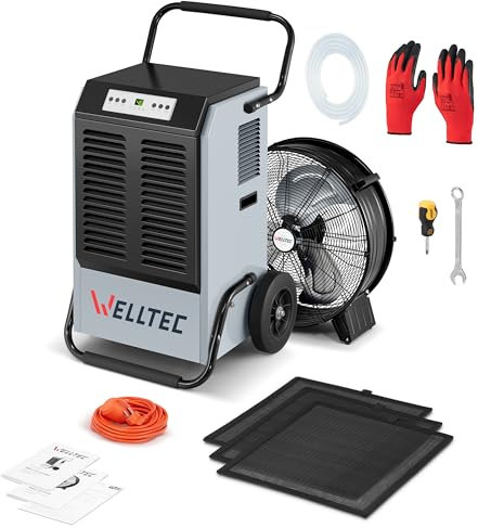 Welltec DHX70 Luftentfeuchter | max. 70 l/24h | für Räume von 160 m² | Kondensatablasspumpe | Luftstrom max. 750 m³/h | mit Industrieventilator Welltec FX20