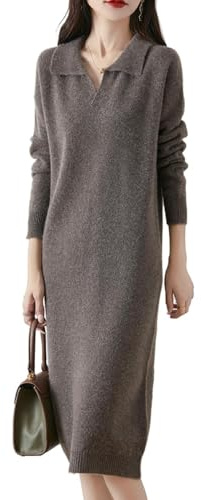 Ailaile Vestido tipo suéter de manga larga para mujer, 100 % lana merino, cuello abatible, para otoño e invierno