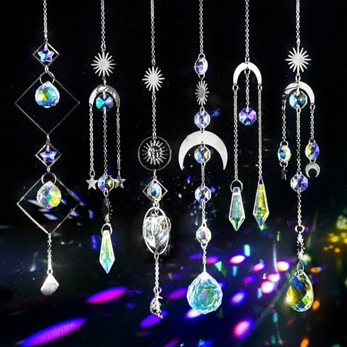 suddus 6pcs Silver Suncatchers Crystal Prism, Christmas Rainbow Maker Pendants, Sun Catcher Hanging for Window, Home, Garden, Cat, Thanksgiving Day, Party, Wedding Decoration