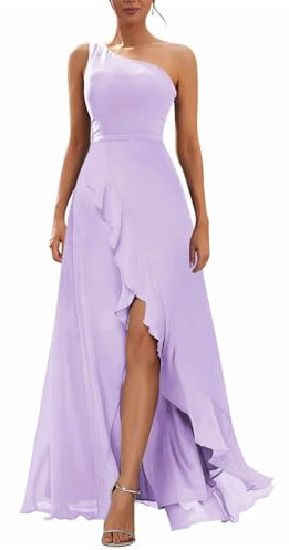 KURFACE Abiti da damigella d'onore monospalla da donna con fessura increspato una linea senza maniche abito da sera formale in chiffon, Lilla, 64 Più