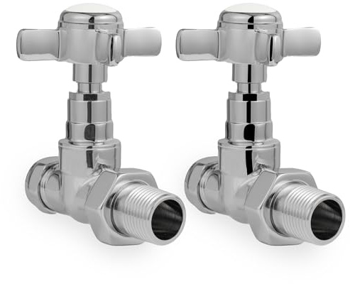VANCOCO 1/2×15mm Chrome Traditional Radiator Valve Straight (Pair) - Traditional Radiator Valves with Cross Handwheel Suitable for Heated Towel Rails or Central Heating Systems