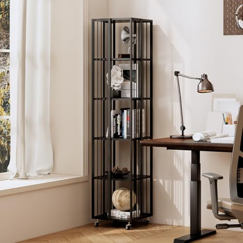 Vertikaler Bücherturm aus Metall mit 360-Grad-Drehung, hoch und schmal, modernes Leiter-Bücherregal, innovatives schwebendes Bücherregal mit Rollen für einen modernen Look