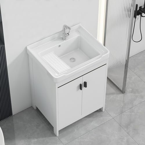 SdaryWare Lavandino Bianco per Lavanderia con Mobile, lavello in Ceramica con Rubinetto per Acqua Calda e Fredda, lavello da Cucina Indipendente, per Lavanderia e RI,One Color-60x47cm/23.6x18.5in