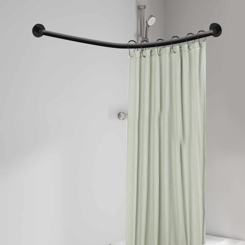 Duschdraperi stång duschstång L-form gardin 72–95 x 90 – 130 cm justerbart duschdraperi vinkelstång för badrum badkar (svart + 24 x reservkrok)