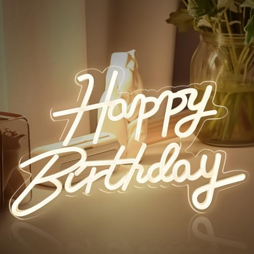 GOEDCH Happy Birthday Neonschild: 40x26CM Warmweißes LED Neonlicht, USB-Betriebene Party-Leuchtreklame, Deko Leuchtschild für Zuhause Schlafzimmer Geburtstagsfeier Dekoration Geburtstagsgeschenk