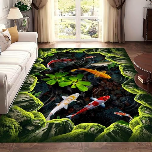 SOJAWA Illusion Area Rug, 60x110cm 3D Cliff Moss Stream Living Room Rugs, Koi Pebble Green Plant Interior Decoration Carpets, Stylish and Durable Low Pile Carpet With Non-Slip Rubber Backing