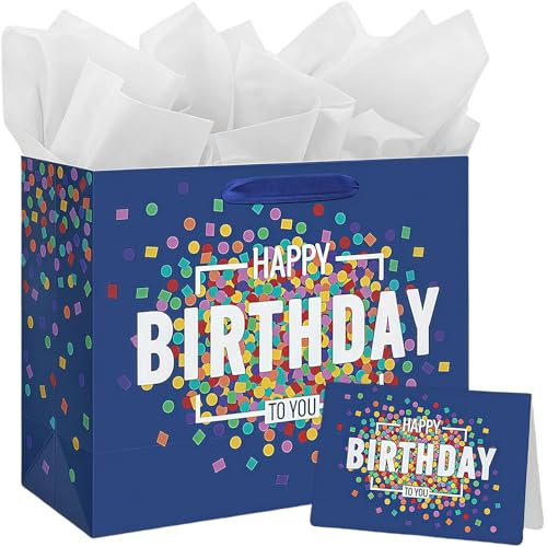 Geschenktasche Groß 33cm x 12cm x 26cm, Blaue Punkte Luxus-Geschenktasche mit Grußkarte und Seidenpapier, Partytasche für Geschenke, Große Geburtstagstasche für Sie Ihn Frauen Männer Jungen Mädchen