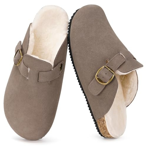 Dokela Hausschuhe Damen Herren Winter Clogs Gefüttert Pantoletten Wärme Plüsch Latschen Leder Schlappen Mit Fußbett rutschfest Schuhe Dunkelbraun 38