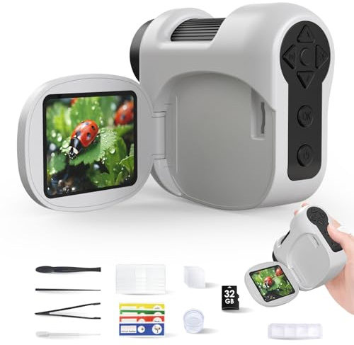 Auveach Digital Microscope for Kids 1600X Portable Electronic Handheld Microscope Flip 2.0 DV Camera 1080P 5 Slides 4 Prepared Slides 32 GB Suitable as Christmas Birthday Gift