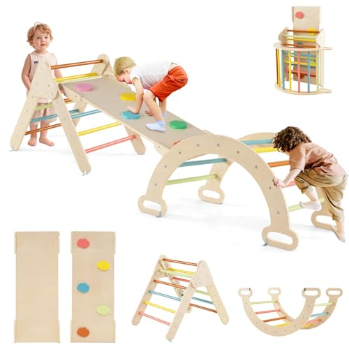DREAMADE Triangle Escalade Bebe Montessori pour 1+ Ans, Échelle d’Escalade en Bois avec Triangle/Arche/Rampe, Convient pour Enfant à Maternelle, Maison (Naturel+Arc-en-Ciel)