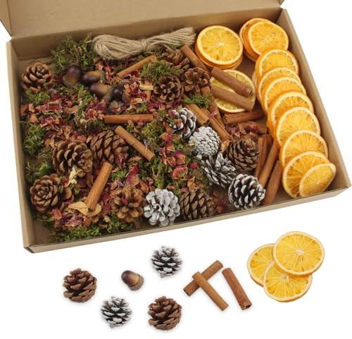 CYIOU 68 Pezzi Potpourri Natalizio Decorazioni Corona Avvento Decorazioni Natalizie Fai da Te Arance Essiccate Decorative Cannella Pigne Ghianda Muschio Corda di Canapa