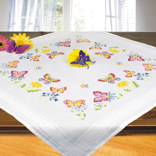KAMACA Stickpackung Tischdecke Kreuzstich Tiere vorgedruckte Stickdecke inkl. Stickgarn Stickvorlage und Anleitung Stickset zum Selbersticken für Erwachsene (Schmetterlings - Garten MD 80x80 cm)