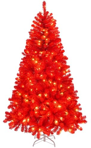 Outopee 6ft Red Artificial Christmas Tree with DIY 100 Warm Lights