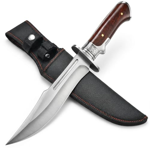 bhkz Outdoor Messer Feststehend 17.2cm Klinge - Großes Jagdmesser mit Holzgriff & Nylonscheide - Robustes 5Cr13 Stahl Survival Messer für Bushcraft, Camping & Angeln - Full Tang Konstruktion