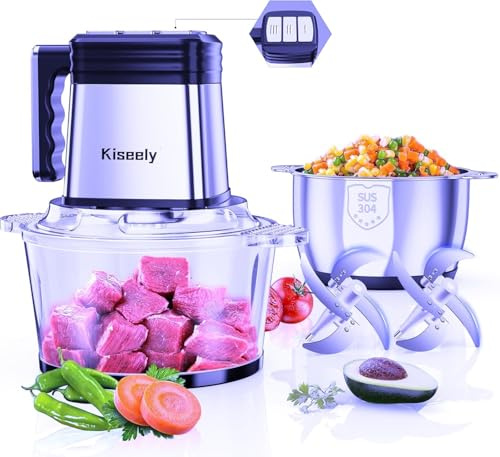 Picadora Eléctrica, Máquina picadora eléctrica de alimentos de 3 velocidades con 2 tazones y 2 juegos de cuchillas binivel, 400 W, para carne, verduras, frutas y frutos secos (FP2)