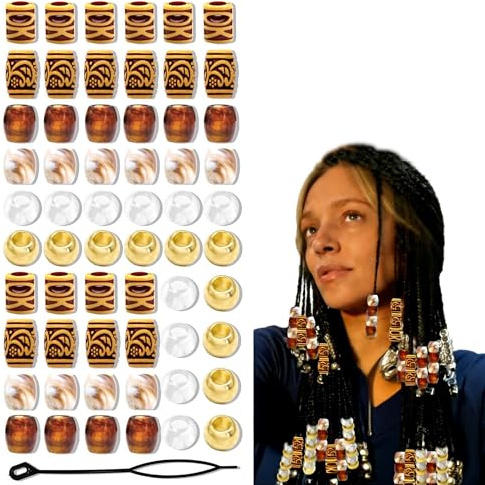 TUKEVA 60 Stück Haarperlen Dreadlock Perlen Dreadlocks Schmuck Haarschmuck für Dreadlocks Holzimitat Haar Perlen Dekoration für Haar Schmuck,Festivals,Partys,DIY Haarschmuck (Mehrfarbig-B)