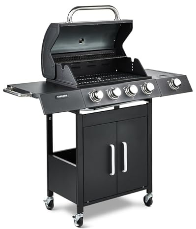 Fire Mountain Cascade 5 Burner Gas BBQ Side Burner Cast Iron Grill | Black outdoor barbecue for garden patio cooking