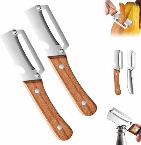 Peeler for Kitchen Ultra Sharp Stainless Steel Blades, Julienne Vegetable Peeler with Wooden Handle and Bottle Opener, for Easy Potato, Fruit & Veggie Peeling (2pcs)