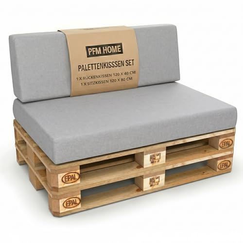 PFM HOME - Palettenkissen Outdoor-Kissen Wasserdicht für Palettensofa Palettenmöbel Europaletten - Gartenkissen mit abnehmbarem Bezug - 1 x Rückenkissen 120 x 40 cm + 1 x Sitzkissen 120 x 80 cm