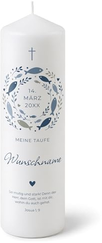printplanet - Taufkerze Fische Blau - Personalisiert mit Name und Datum - Kerze Taufe Geschenk