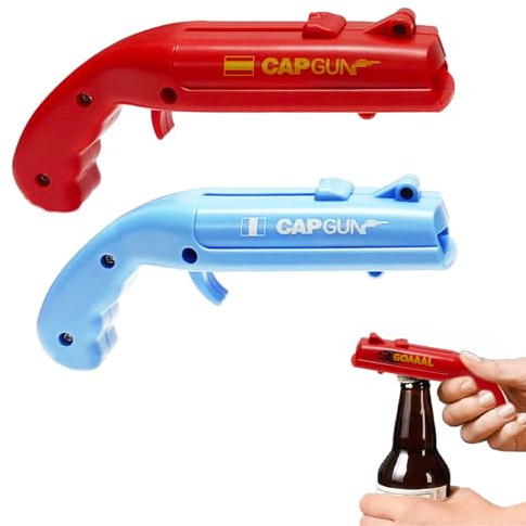 WUMZIRA 2 Piezas Abrebotellas Pistola, Abridor de Botellas de Cerveza Divertido con Lanzador de Chapas, Gadgets Originales para Fiestas y, Accesorios de Bar, Azul y Rojo