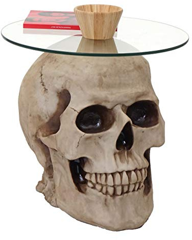 Mendler Beistelltisch Totenkopf HWC-A19, rund Ø55cm, Natur | Glastisch, Wohnzimmertisch, Couchtisch, Totenschädel, Polyresin