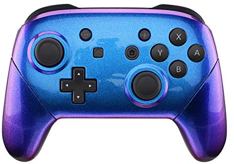eXtremeRate Grips Case kompatibel mit Nintendo Switch Pro Controller, Glossy DIY-Ersatz Full Gehäuse Frontplatte/Backplate&Griff Hülle Set für Switch Pro Controller-Lila Blau