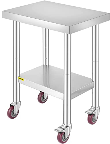 VEVOR Tavolo da Lavoro in Acciaio Inox Piano di Lavoro per Cucina 61x45x86cm Piano di Lavoro Professionale a 4 Ruote per La Preparazione di Alimenti