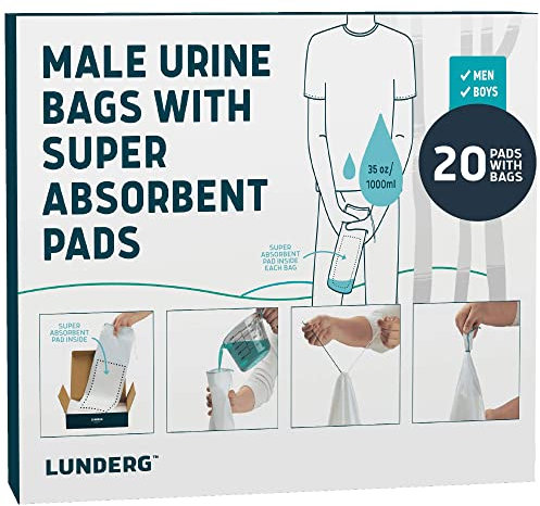 Lunderg Disposable Urine Bags for Men with Super Absorbent Pad - Value Pack 20 Count - Portable & Travel - For Car Pee Bag, Emergency, and Camping